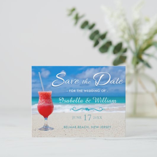 Rode Drink Ocean Beach Bewaar de datum Aankondigingskaart (Staand voorkant)