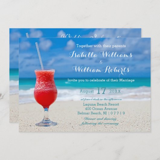 Rode Drink Ocean Beach Wedding Invitation Kaart (Voorkant / Achterkant)