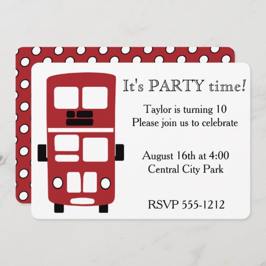 Rode dubbeldekker bus aangepaste uitnodiging (Voorkant / Achterkant)