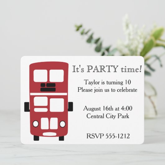 Rode dubbeldekker bus aangepaste uitnodiging (Staand voorkant)