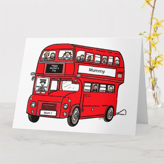 Rode dubbeldekker Londense bus Moederdag kaart (Gele Bloem)