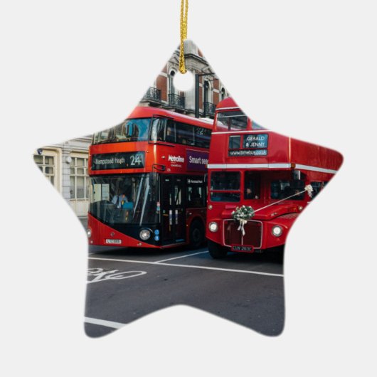 Rode dubbeldeksbussen keramisch ornament (Voorkant)