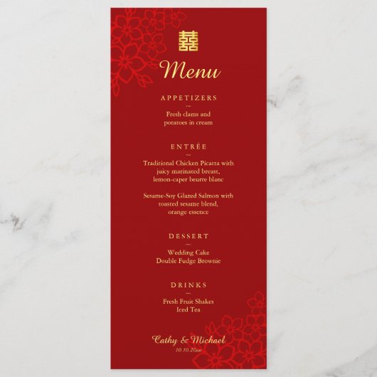Rode Dubbele geluk bloemrijke Chinese bruiloft Menu (Voorkant)