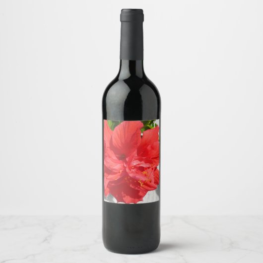 Rode Dubbele Hibiscus Bloem Wijn Etiket (Voorkant)