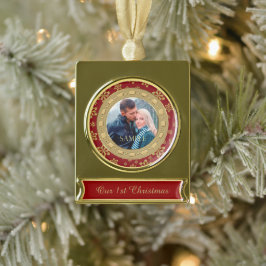 Rode dubbele Lijst sneeuwvlok eerste kerst Verguld Banner Ornament