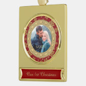 Rode dubbele Lijst sneeuwvlok eerste kerst Verguld Banner Ornament (Links)