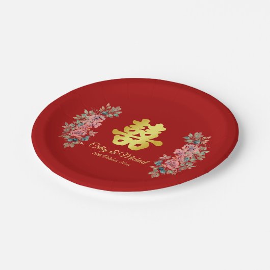 Rode dubbele vreugde florale Chinese bruiloft Papieren Bordje (Gekanteld)
