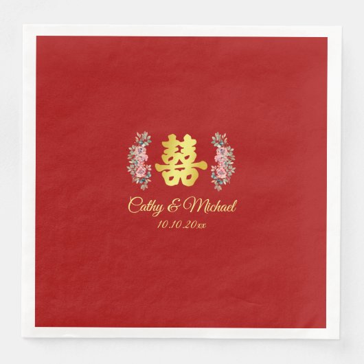 Rode dubbele vreugde florale Chinese bruiloft Servet (Voorkant)