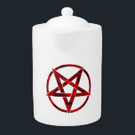 Rode Duivel Pentagram Theepot<br><div class="desc">Rood,  omgekeerd,  getextureerd pentagram in cirkel,  op witte achtergrond. Occult symbool. 666</div>