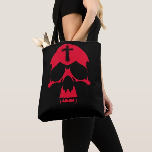 Rode Duivel Schedel Gotisch Grafisch Ontwerp Tote Bag (Dichtbij)