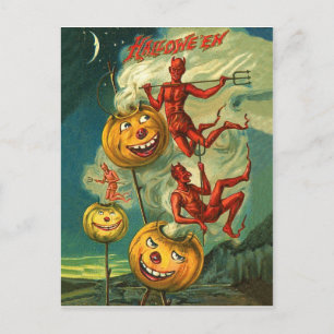 Rode Duivels rijden op rook van Halloween pompoene Briefkaart
