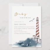 RODE DUSKY BLUE LIGHTHOUSE ZEE BABY SHOWER INVITE BEDANKKAART (Voorkant)