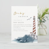 RODE DUSKY BLUE LIGHTHOUSE ZEE BABY SHOWER INVITE BEDANKKAART (Staand voorkant)