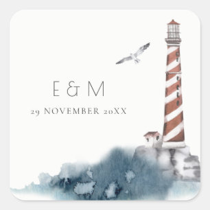 RODE DUSKY BLUE LIGHTHOUSE ZEE MONOGRAM WEDING VIERKANTE STICKER