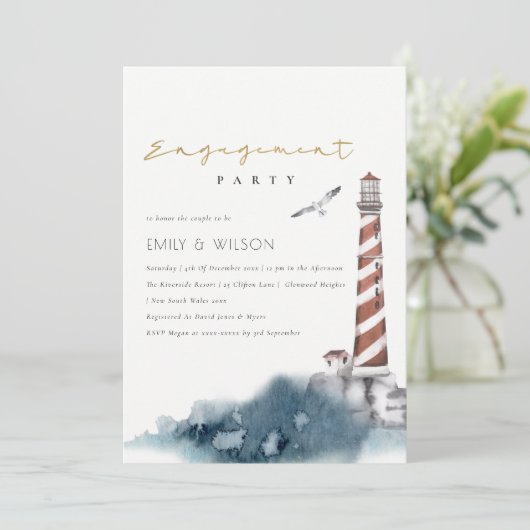 RODE DUSKY BLUE LIGHTHOUSE ZEE VERLOVING INVITE BEDANKKAART (Staand voorkant)