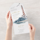 RODE DUSKY BLUE LIGHTHOUSE ZEE WATERVERF WEDING ALL IN ONE UITNODIGING (Afscheurbaar)