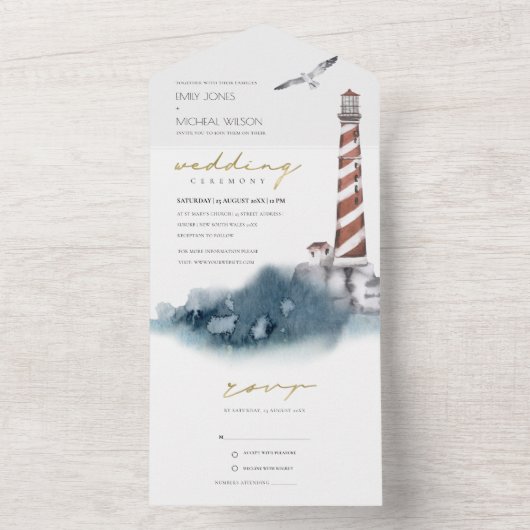 RODE DUSKY BLUE LIGHTHOUSE ZEE WATERVERF WEDING ALL IN ONE UITNODIGING (Binnen)