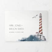 RODE DUSKY BLUE LIGHTHOUSE ZEE WATERVERF WEDING DRIELUIK UITNODIGING (Cover)