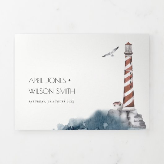 RODE DUSKY BLUE LIGHTHOUSE ZEE WATERVERF WEDING DRIELUIK UITNODIGING (Cover)