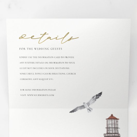 RODE DUSKY BLUE LIGHTHOUSE ZEE WATERVERF WEDING DRIELUIK UITNODIGING (Binnenzijde eerst)