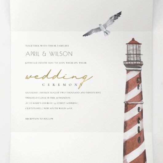 RODE DUSKY BLUE LIGHTHOUSE ZEE WATERVERF WEDING DRIELUIK UITNODIGING (Binnenkant midden)