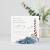 RODE DUSKY BLUE LIGHTHOUSE ZEE WAVES WEDDING INVIT BEDANKKAART (Staand voorkant)