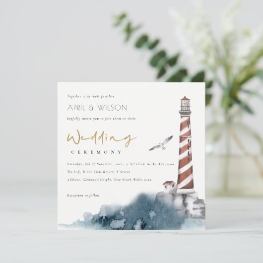 RODE DUSKY BLUE LIGHTHOUSE ZEE WAVES WEDDING INVIT BEDANKKAART (Staand voorkant)