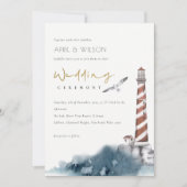 RODE DUSKY BLUE LIGHTHOUSE ZEE WAVES WEDDING INVIT BEDANKKAART (Voorkant)