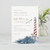 RODE DUSKY BLUE LIGHTHOUSE ZEE WAVES WEDDING INVIT BEDANKKAART (Staand voorkant)