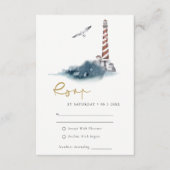 RODE DUSKY BLUE LIGHTHOUSE ZEE WAVES WEDDING RSVP INFORMATIEKAARTJE (Voorkant)