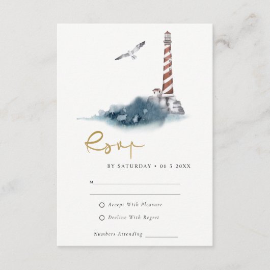 RODE DUSKY BLUE LIGHTHOUSE ZEE WAVES WEDDING RSVP INFORMATIEKAARTJE (Voorkant)