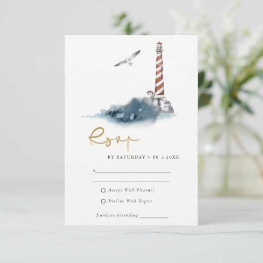 RODE DUSKY BLUE LIGHTHOUSE ZEE WAVES WEDDING RSVP INFORMATIEKAARTJE (Staand voorkant)