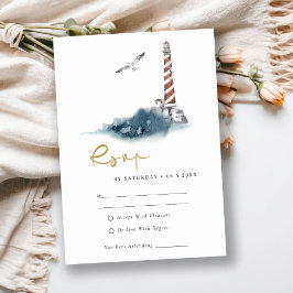 RODE DUSKY BLUE LIGHTHOUSE ZEE WAVES WEDDING RSVP INFORMATIEKAARTJE