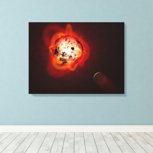 Rode dwergster in een baan rond een hypothetische  canvas afdruk (Insitu (Houten vloer))