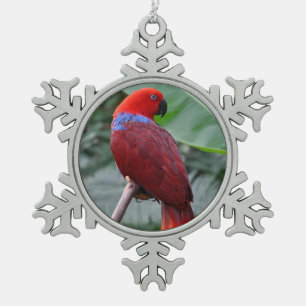 Rode eclectische papegaai tin sneeuwvlok ornament