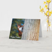 Rode eekhoorn aan de boom, Happy Easter Kaart (Gele Bloem)