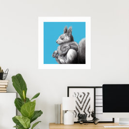 Rode eekhoorn met grijze eekhoorn bontsjaal (blauw poster