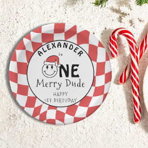 Rode Eén Blij Kerel Kerstmis 1e Verjaardag Decorat Papieren Bordje