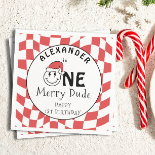 Rode Eén Gelukkige Kerel Kerstmis 1e Verjaardag De Servet
