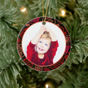 Rode Eén Lijn Kunst Prettig Kerstmis Familie Foto Keramisch Ornament