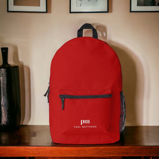 Rode Eenvoudige Minimalistische Monogram en Naam Bedrukte Rugzak