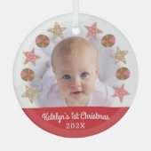 Rode eerste kerst Baby foto meisje cookie krans Glas Ornament (Voorkant)