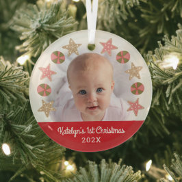 Rode eerste kerst Baby foto meisje cookie krans Glas Ornament
