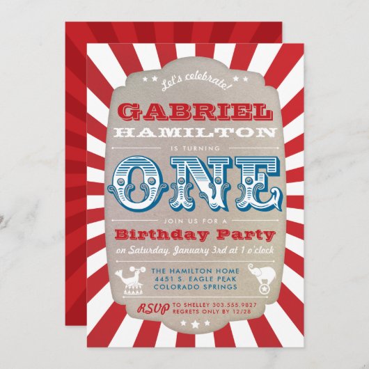 Rode eerste verjaardag  Circus Carnaval Kaart (Voorkant / Achterkant)