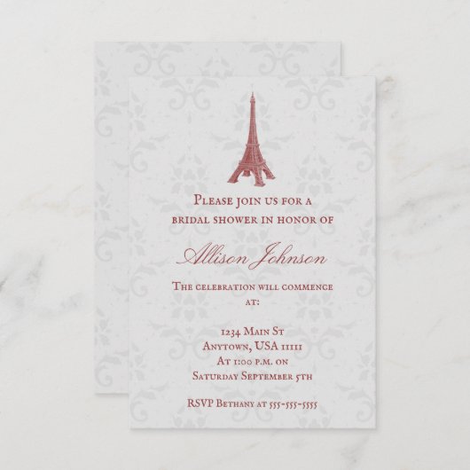 Rode Eiffeltoren Damast Bruidsdouche Uitnodiging (Voorkant / Achterkant)