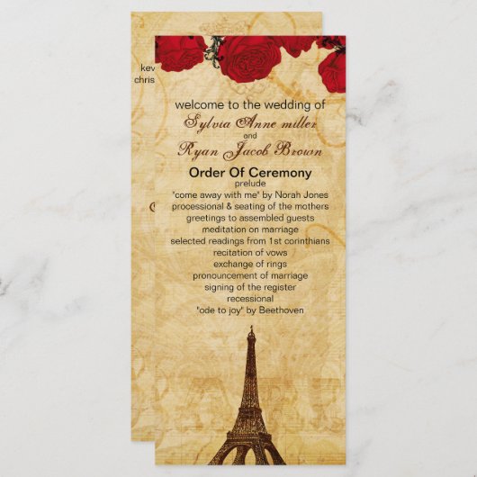 rode  Eiffeltoren Paris huwelijksprogramma Programmakaart (Voorkant / Achterkant)