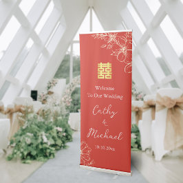 Rode elegante bloemrijke Chinese huwelijksontvangs Roll-up Banner