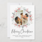 Rode Elegante Botanische Krans Kerstscript Feestdagenkaart (Voorkant)