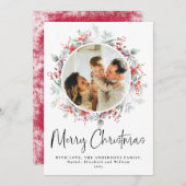 Rode Elegante Botanische Krans Kerstscript Feestdagenkaart (Voorkant / Achterkant)