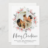 Rode Elegante Botanische Krans Kerstscript Feestdagenkaart (Voorkant / Achterkant)